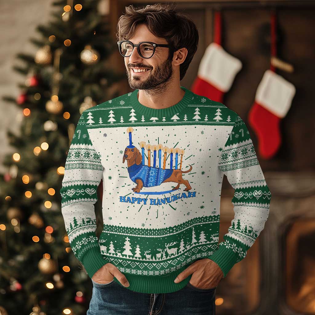 Funny Happy Hanukkah Dachshund Wiener Dog Menorah Ugly Christmas Sweater - Wonder Print Shop