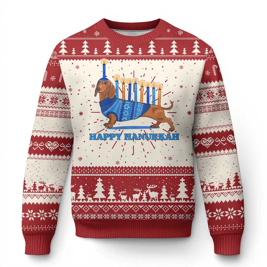 Funny Happy Hanukkah Dachshund Wiener Dog Menorah Ugly Christmas Sweater - Wonder Print Shop