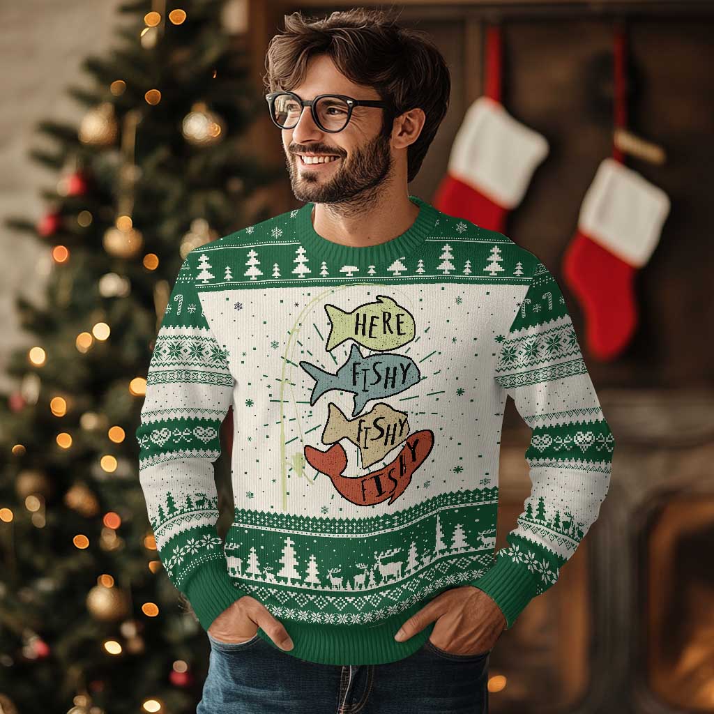 Funny Here Fishy Fishy Retro Fisherman Ugly Christmas Sweater - Wonder Print Shop