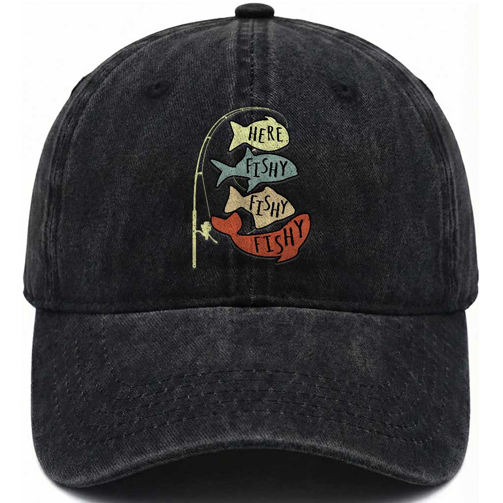 Funny Here Fishy Fishy Retro Fisherman Washed Cotton Baseball Cap