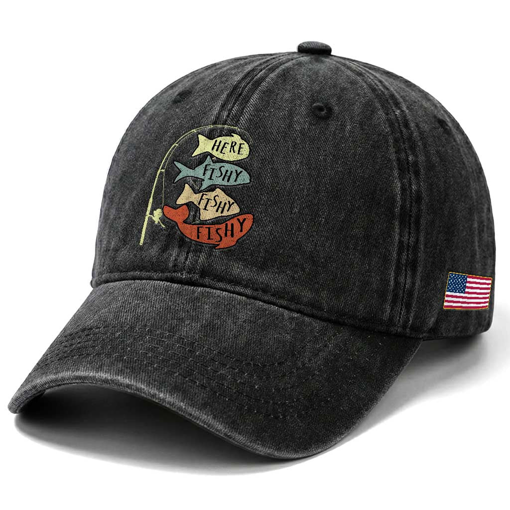 Funny Here Fishy Fishy Retro Fisherman Washed Cotton Baseball Cap