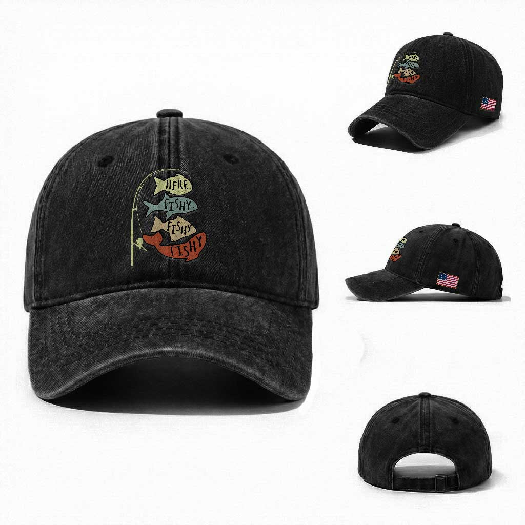 Funny Here Fishy Fishy Retro Fisherman Washed Cotton Baseball Cap