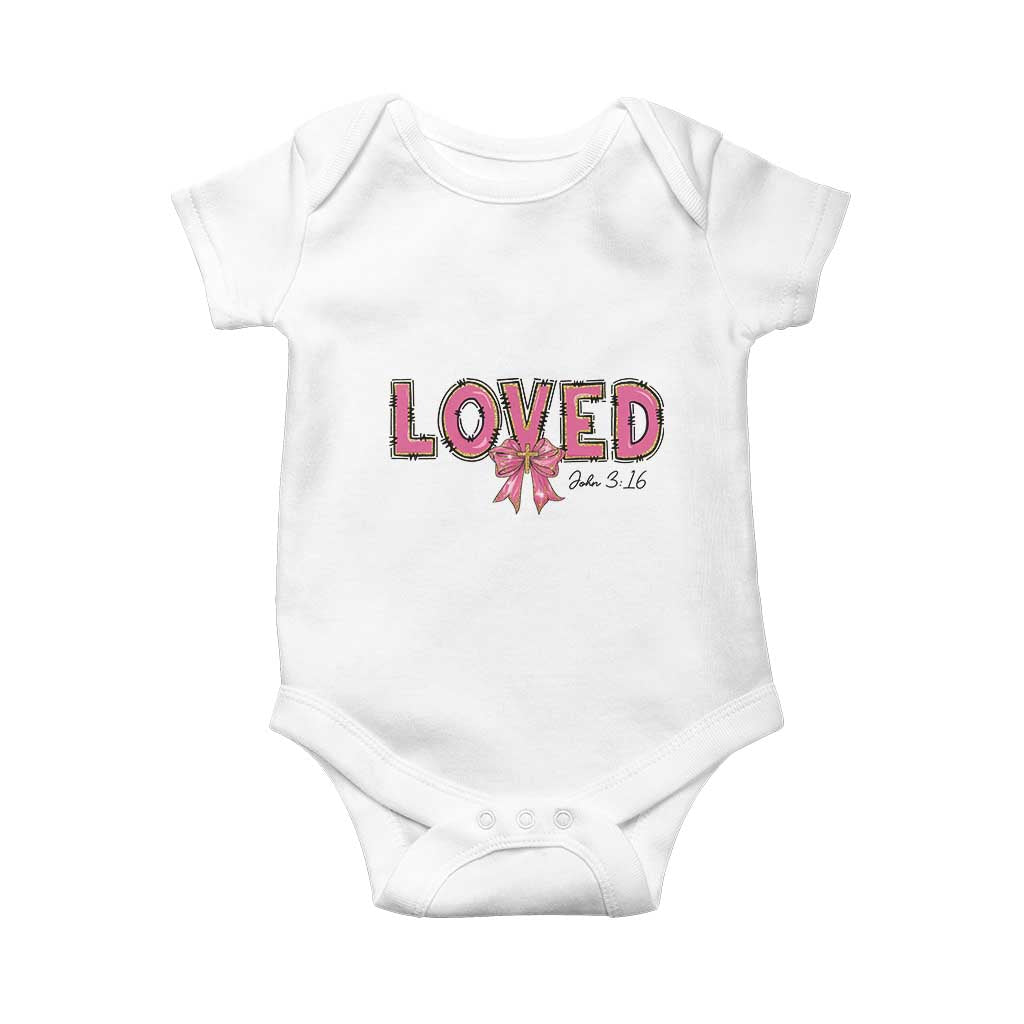 Loved John 3:16 Baby Onesie Christian Religious God Bible Verses Valentine's Day Pink Bow