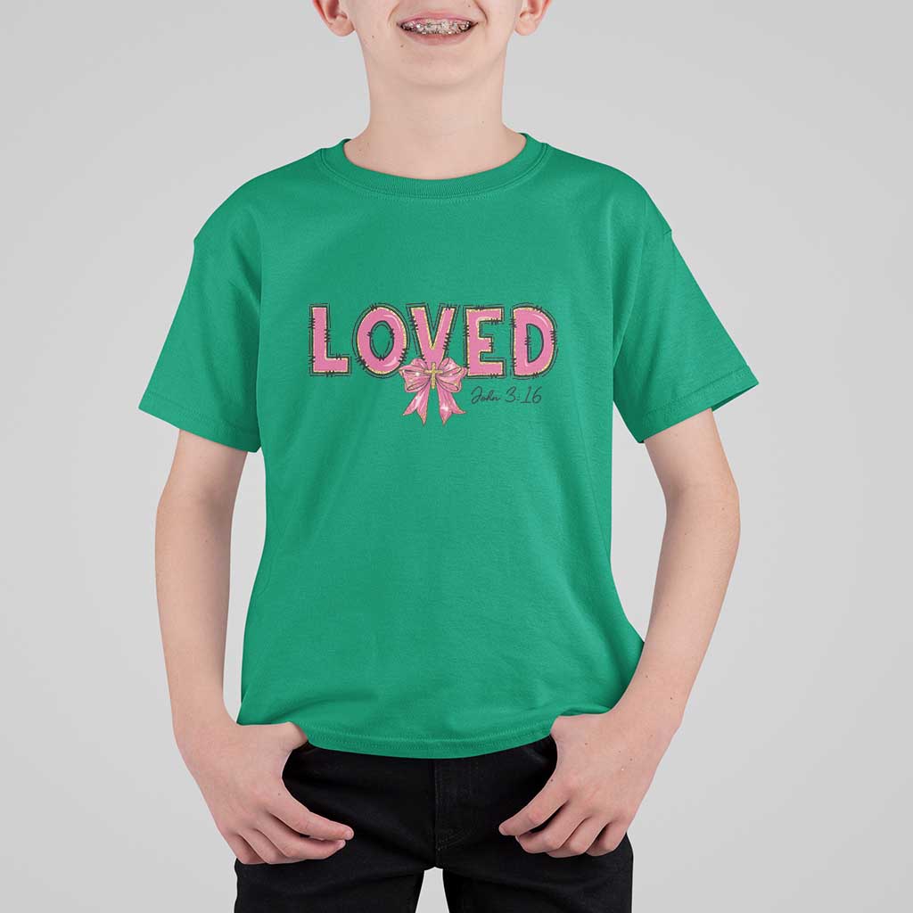 Loved John 3:16 T Shirt For Kid Christian Religious God Bible Verses Valentine's Day Pink Bow