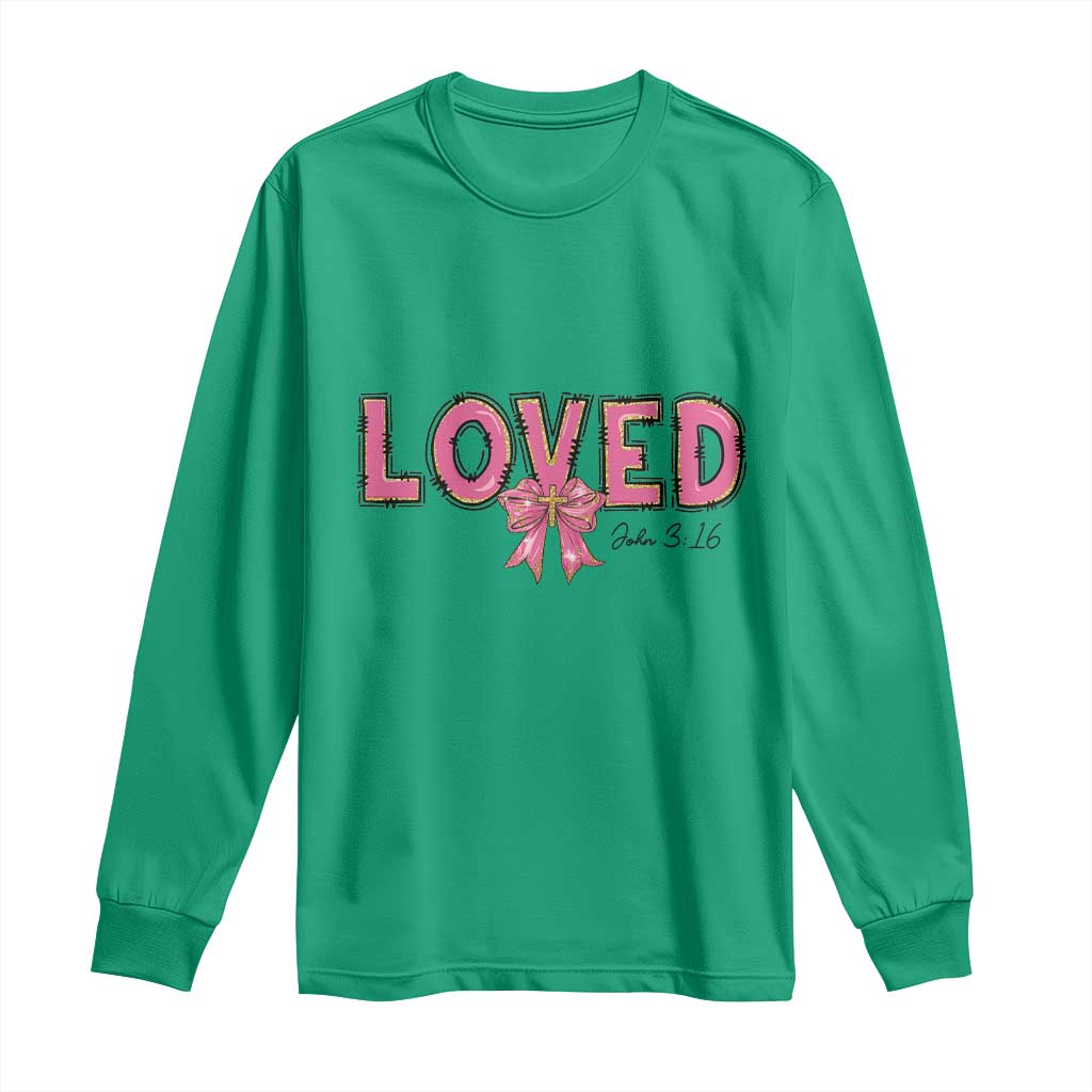 Loved John 3:16 Long Sleeve Shirt Christian Religious God Bible Verses Valentine's Day Pink Bow
