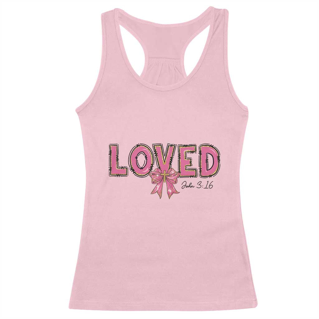Loved John 3:16 Racerback Tank Top Christian Religious God Bible Verses Valentine's Day Pink Bow