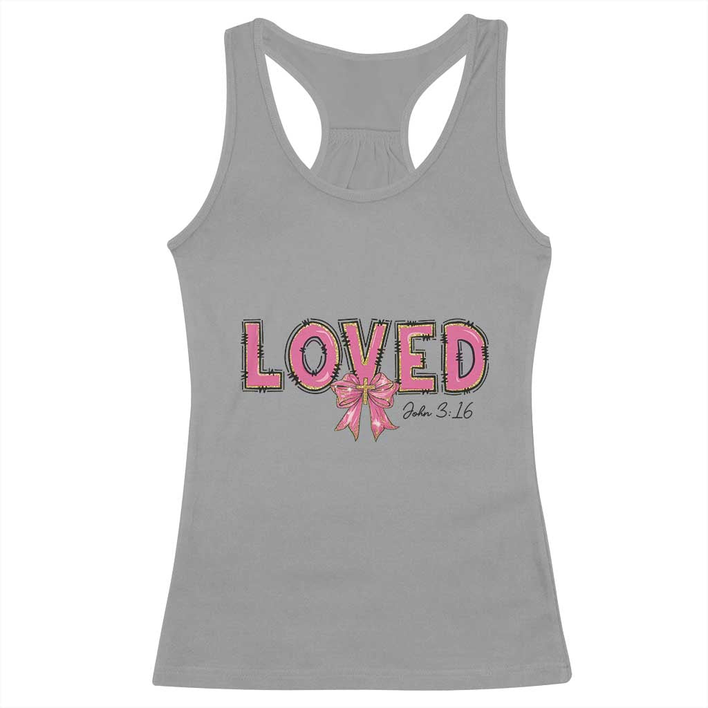 Loved John 3:16 Racerback Tank Top Christian Religious God Bible Verses Valentine's Day Pink Bow