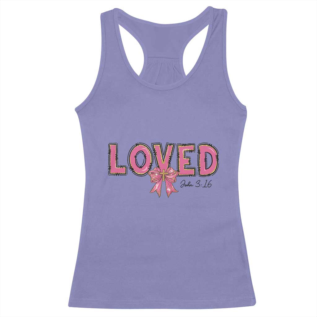 Loved John 3:16 Racerback Tank Top Christian Religious God Bible Verses Valentine's Day Pink Bow
