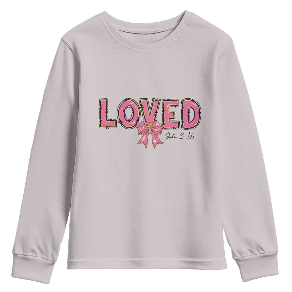 Loved John 3:16 Youth Sweatshirt Christian Religious God Bible Verses Valentine's Day Pink Bow