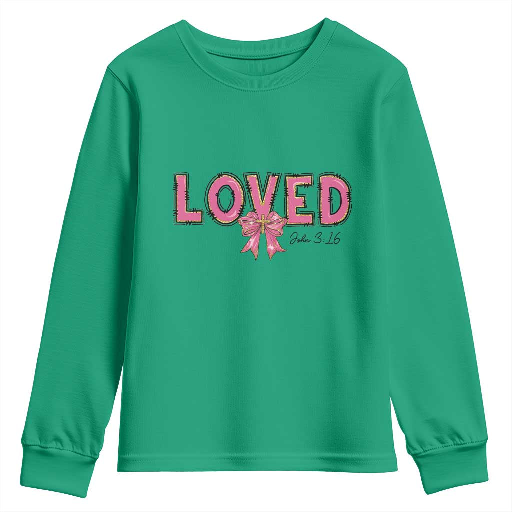 Loved John 3:16 Youth Sweatshirt Christian Religious God Bible Verses Valentine's Day Pink Bow