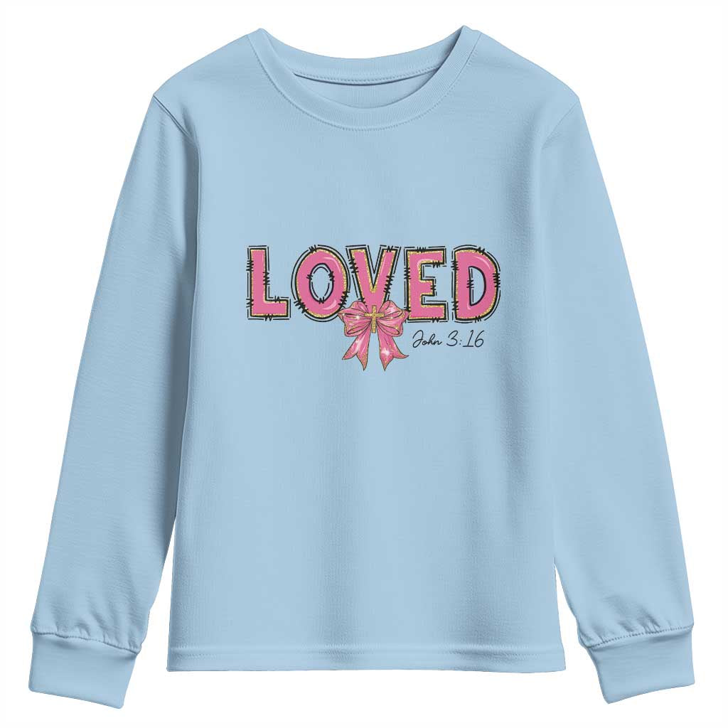 Loved John 3:16 Youth Sweatshirt Christian Religious God Bible Verses Valentine's Day Pink Bow