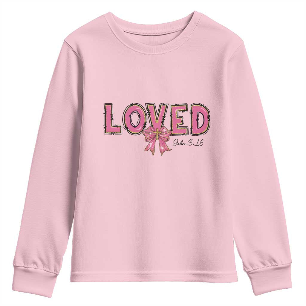 Loved John 3:16 Youth Sweatshirt Christian Religious God Bible Verses Valentine's Day Pink Bow