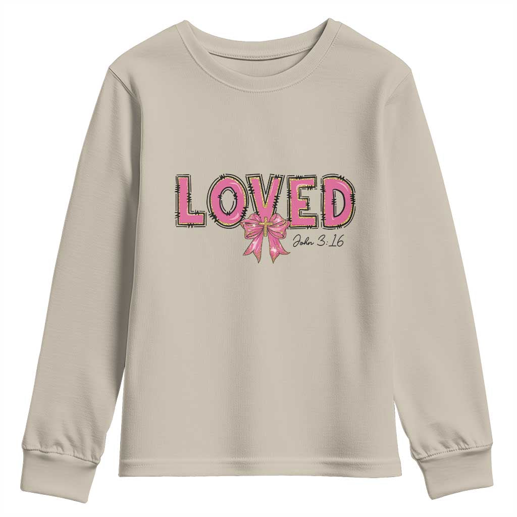 Loved John 3:16 Youth Sweatshirt Christian Religious God Bible Verses Valentine's Day Pink Bow