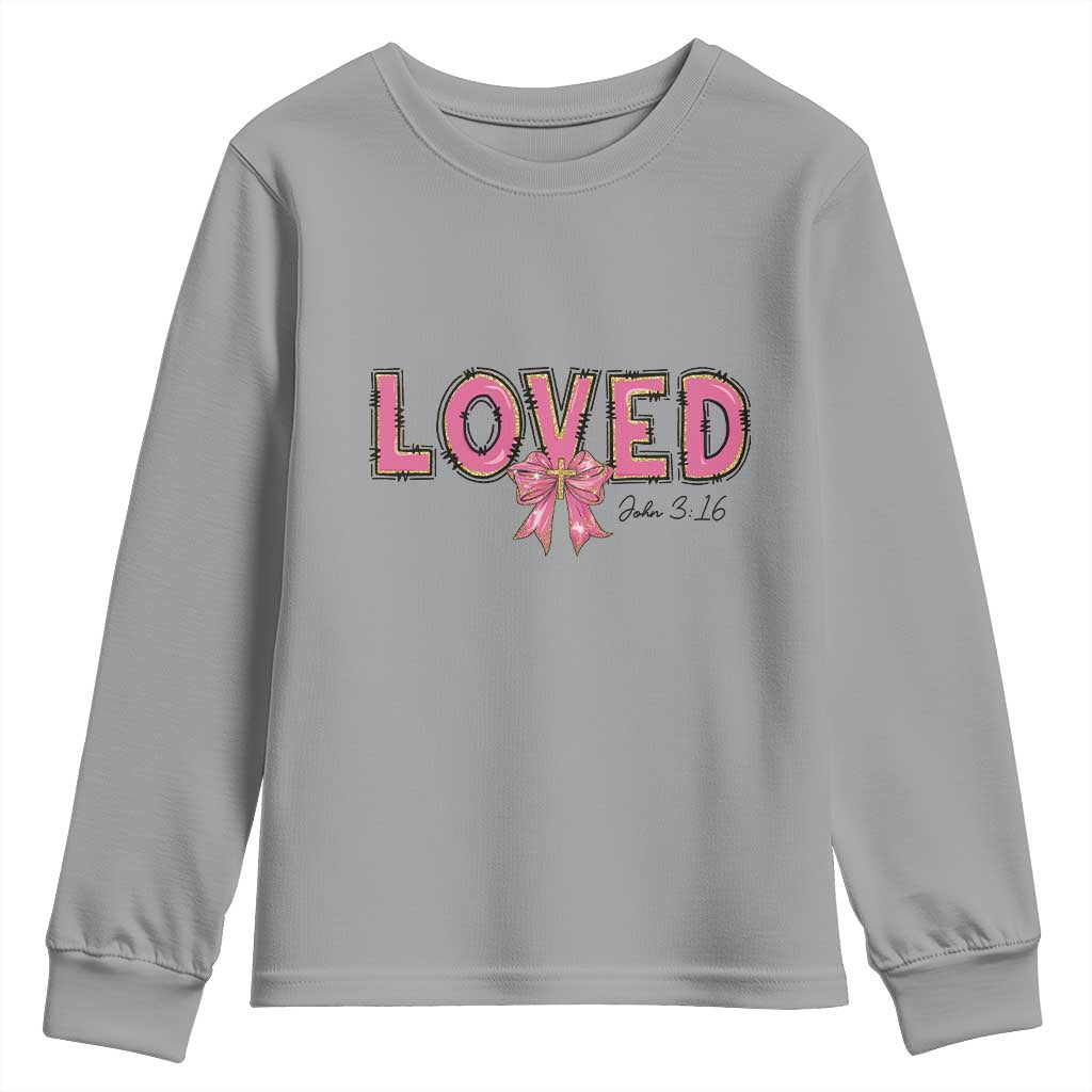 Loved John 3:16 Youth Sweatshirt Christian Religious God Bible Verses Valentine's Day Pink Bow