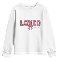 Loved John 3:16 Youth Sweatshirt Christian Religious God Bible Verses Valentine's Day Pink Bow