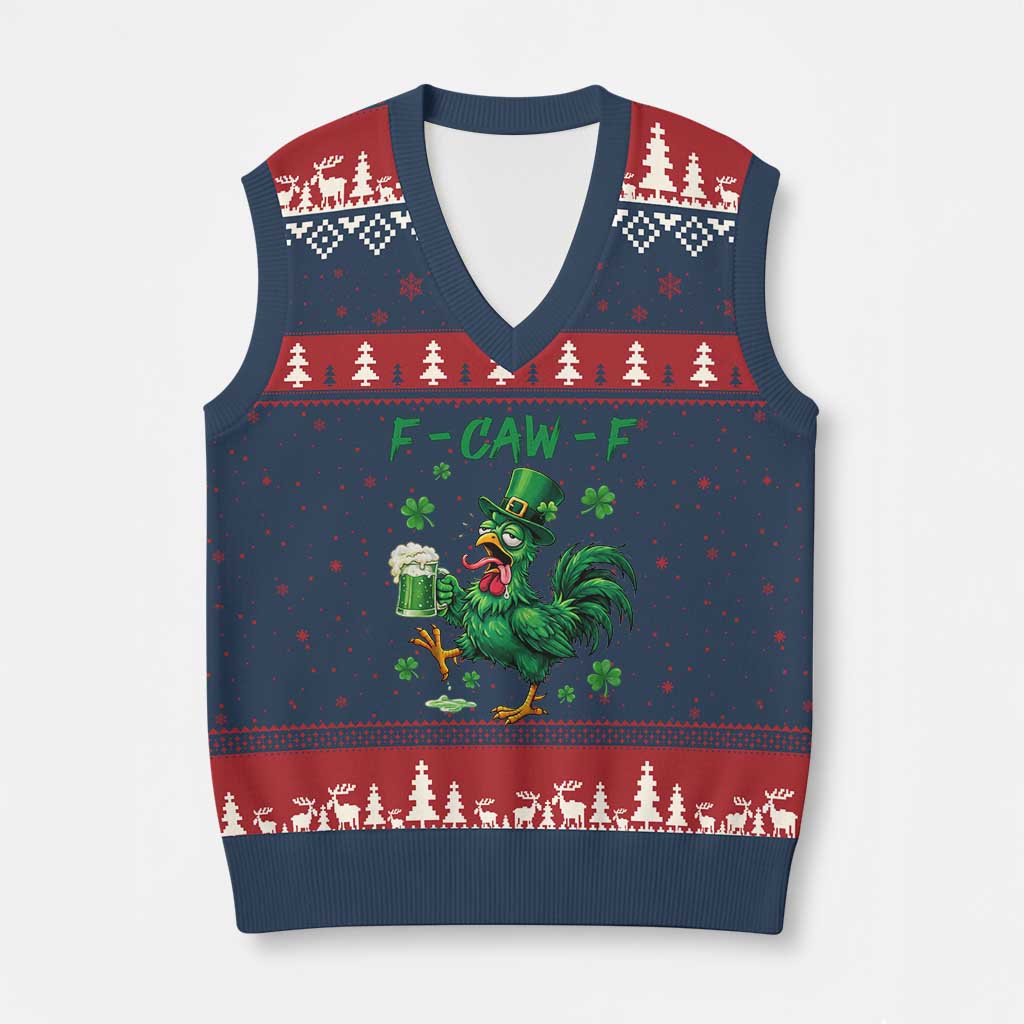 Funny F Caw F Chicken St Patricks Day V-Neck Knit Sweater Vest Irish Beer Drinking Shamrock Print