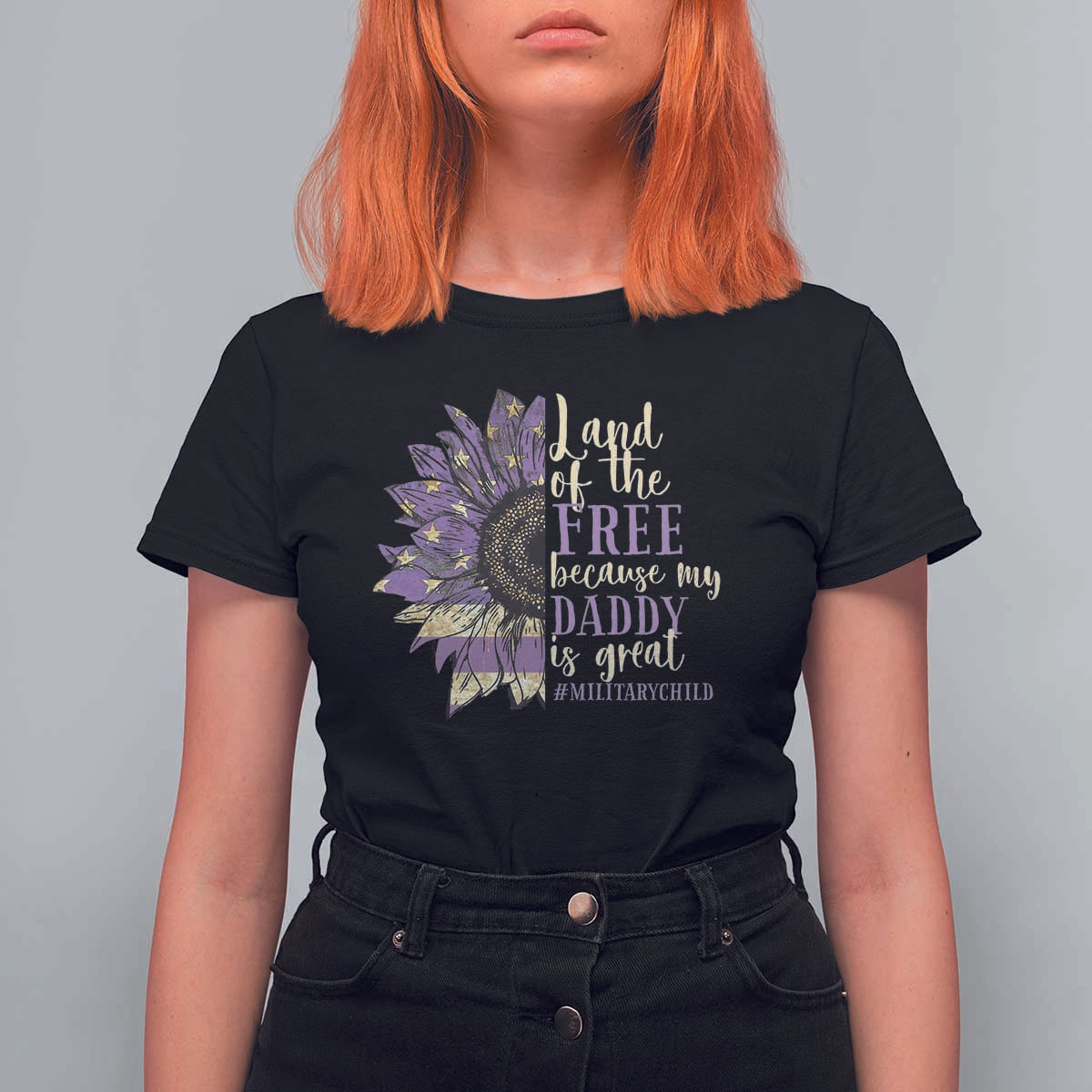 Military Child Month T Shirt For Women Land Of The Free Because My Daddy Is Great Purple Sunflower