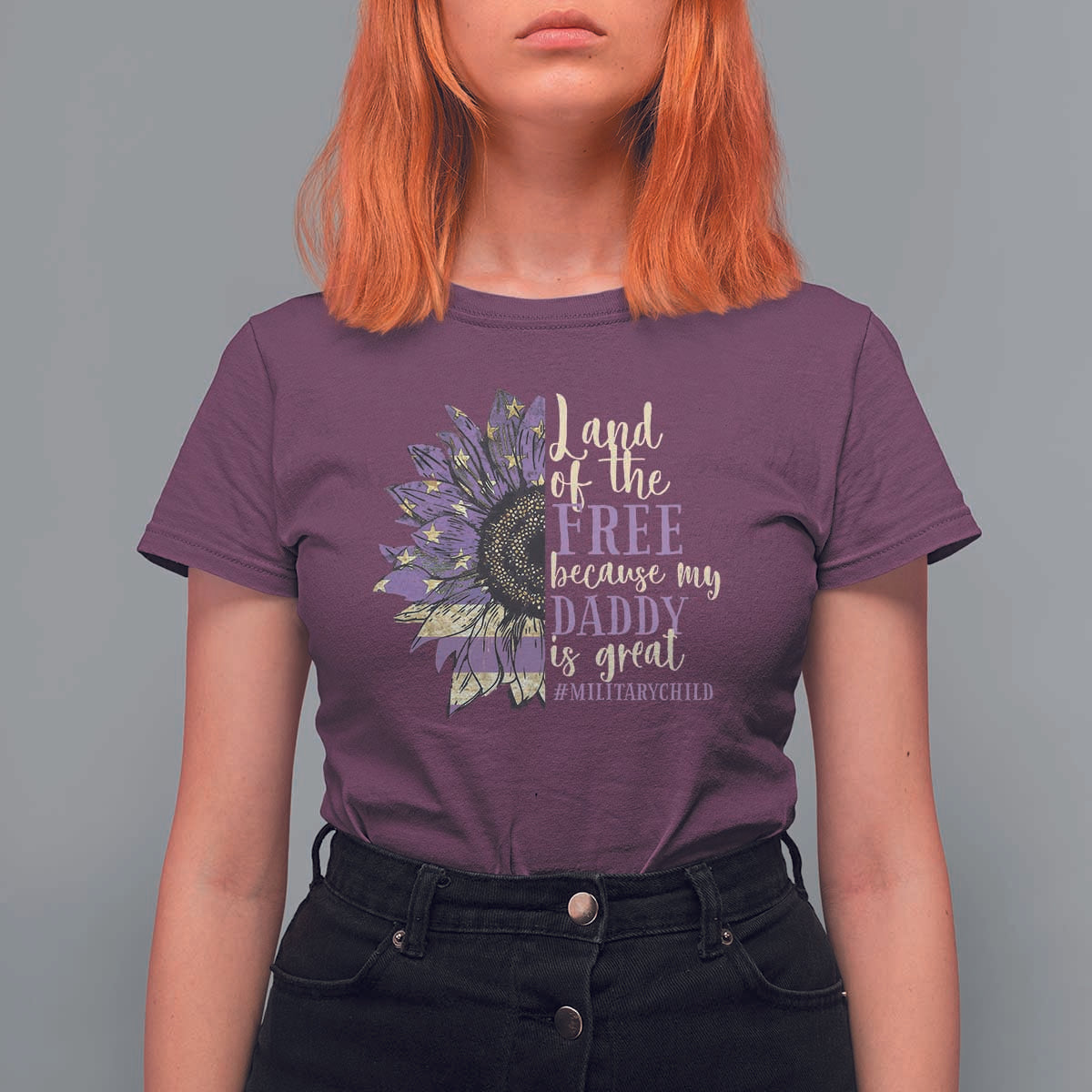 Military Child Month T Shirt For Women Land Of The Free Because My Daddy Is Great Purple Sunflower