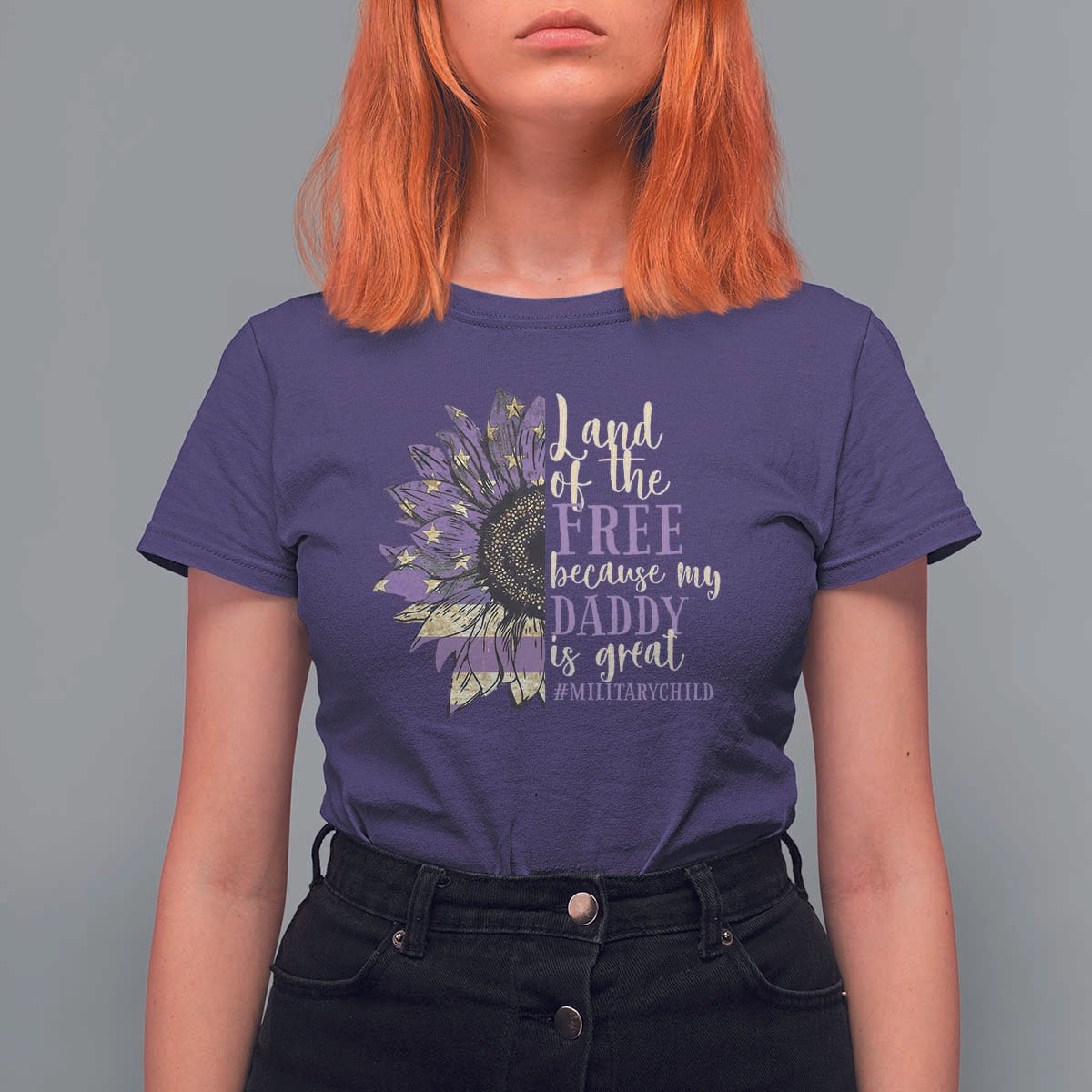 Military Child Month T Shirt For Women Land Of The Free Because My Daddy Is Great Purple Sunflower