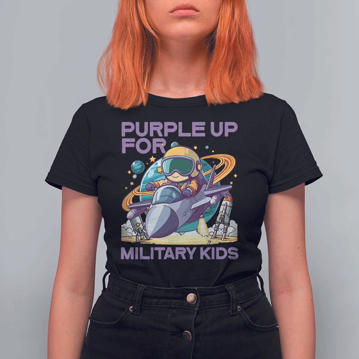 Purple Up For Military Kids T Shirt For Women Military Child Month Astronaut Fights