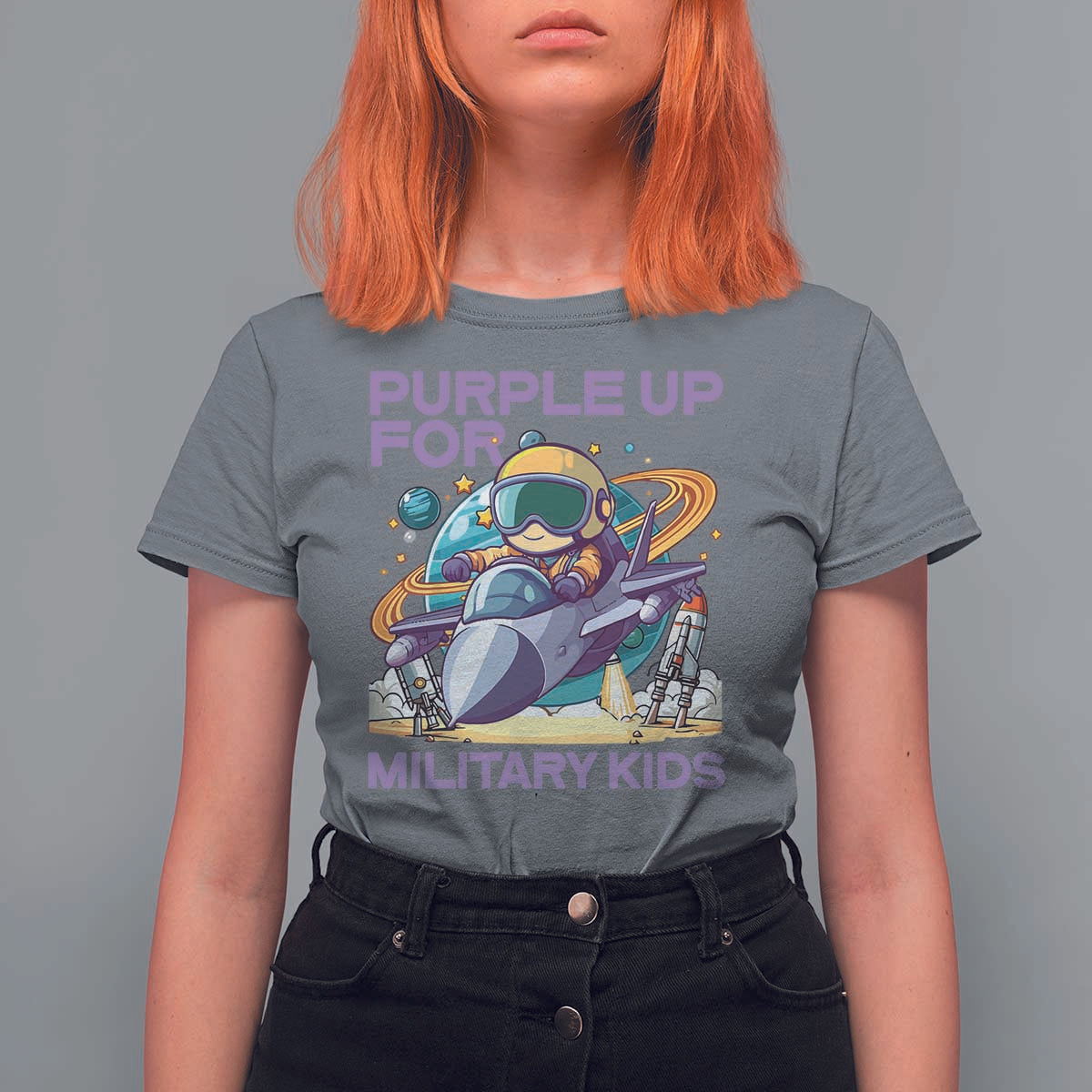 Purple Up For Military Kids T Shirt For Women Military Child Month Astronaut Fights