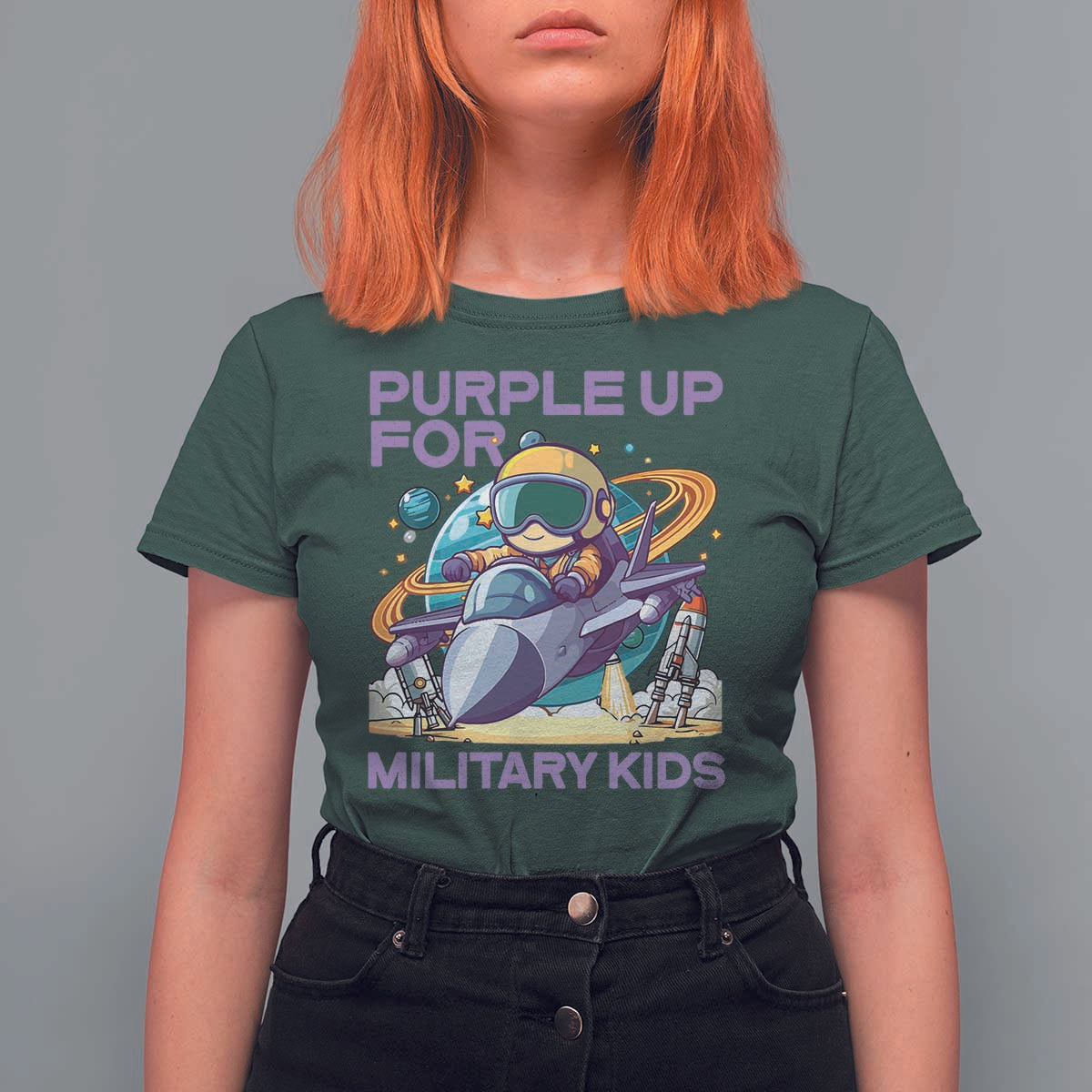 Purple Up For Military Kids T Shirt For Women Military Child Month Astronaut Fights
