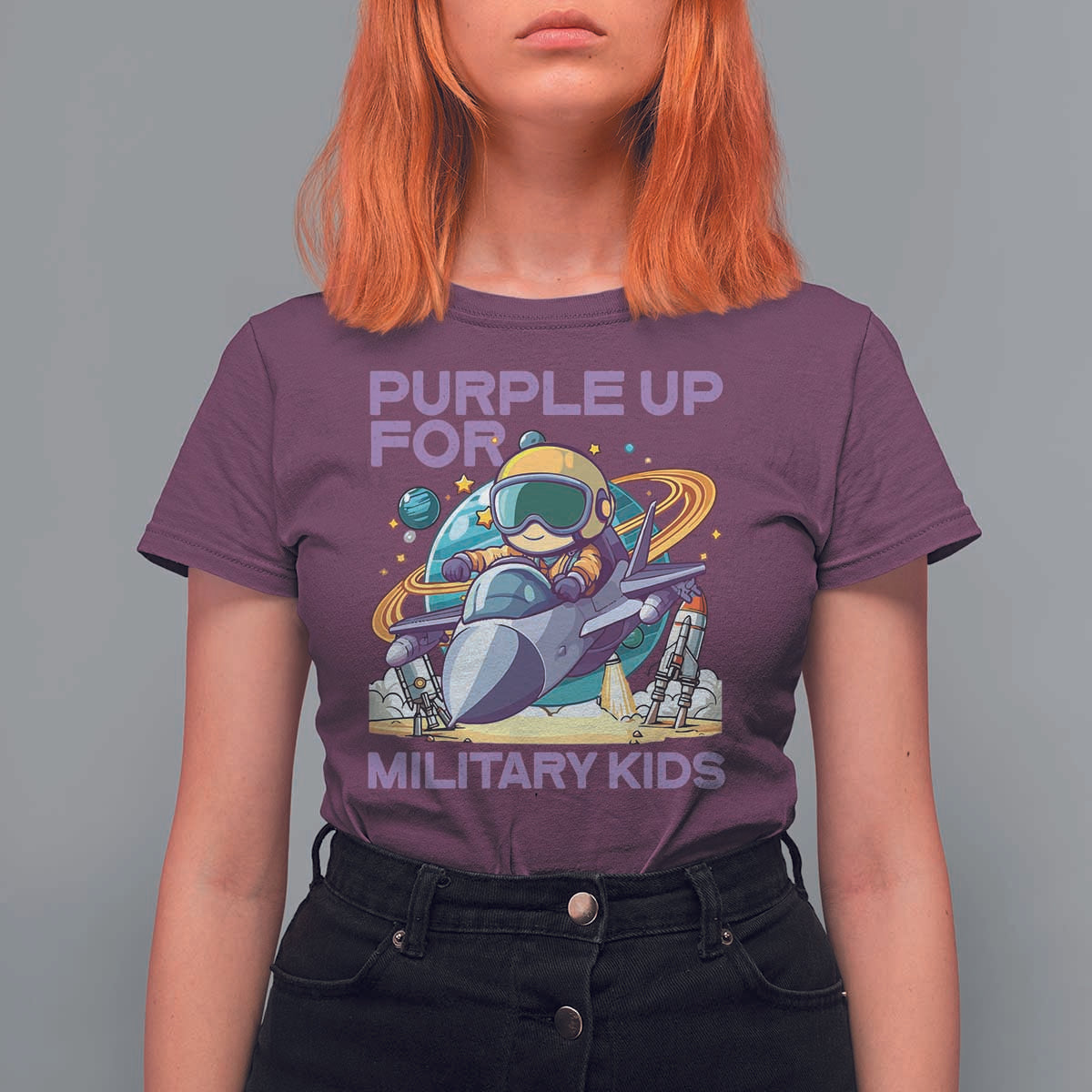Purple Up For Military Kids T Shirt For Women Military Child Month Astronaut Fights