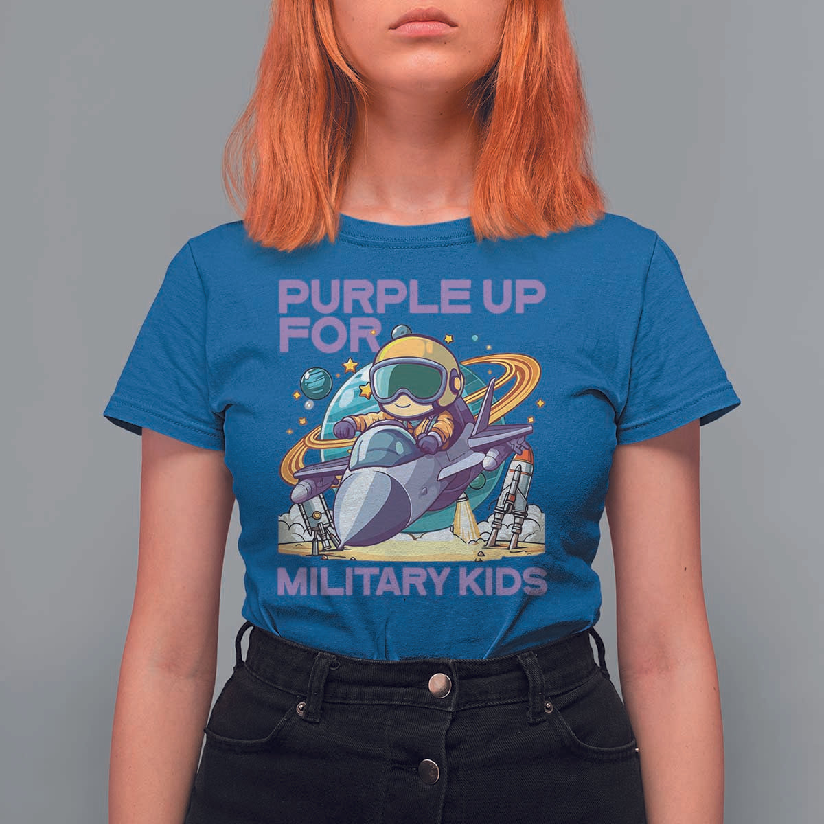 Purple Up For Military Kids T Shirt For Women Military Child Month Astronaut Fights
