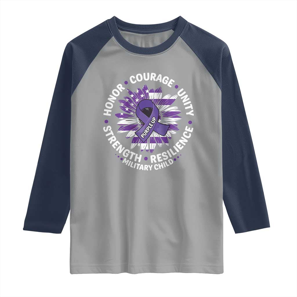 Military Child Month Raglan Shirt Purple Up Military Child Honor Courage Unity Strength Resilience