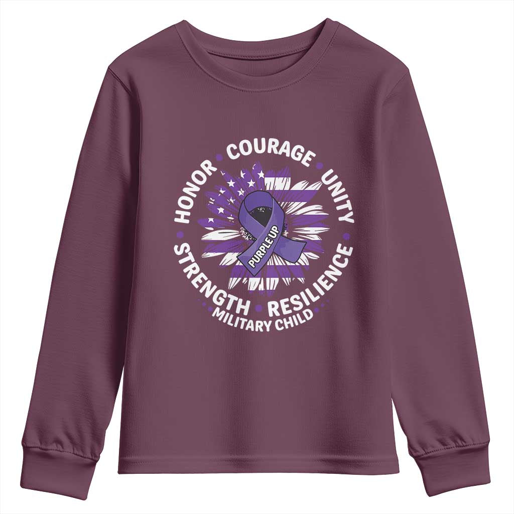 Military Child Month Youth Sweatshirt Purple Up Military Child Honor Courage Unity Strength Resilience