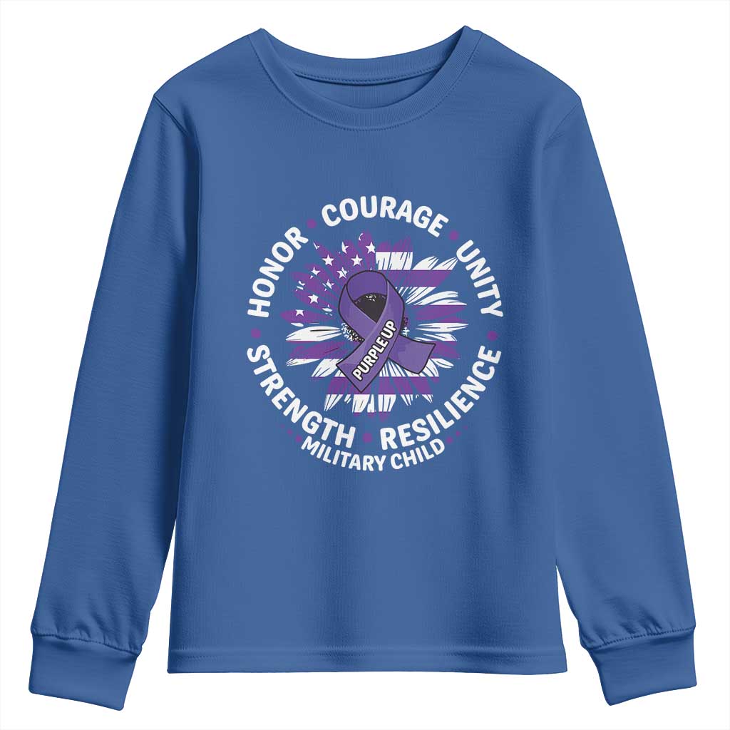 Military Child Month Youth Sweatshirt Purple Up Military Child Honor Courage Unity Strength Resilience