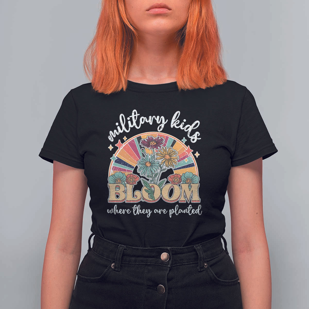 Military Kids Bloom Where They Are Planted T Shirt For Women Military Child Month Retro Vintage Flowers