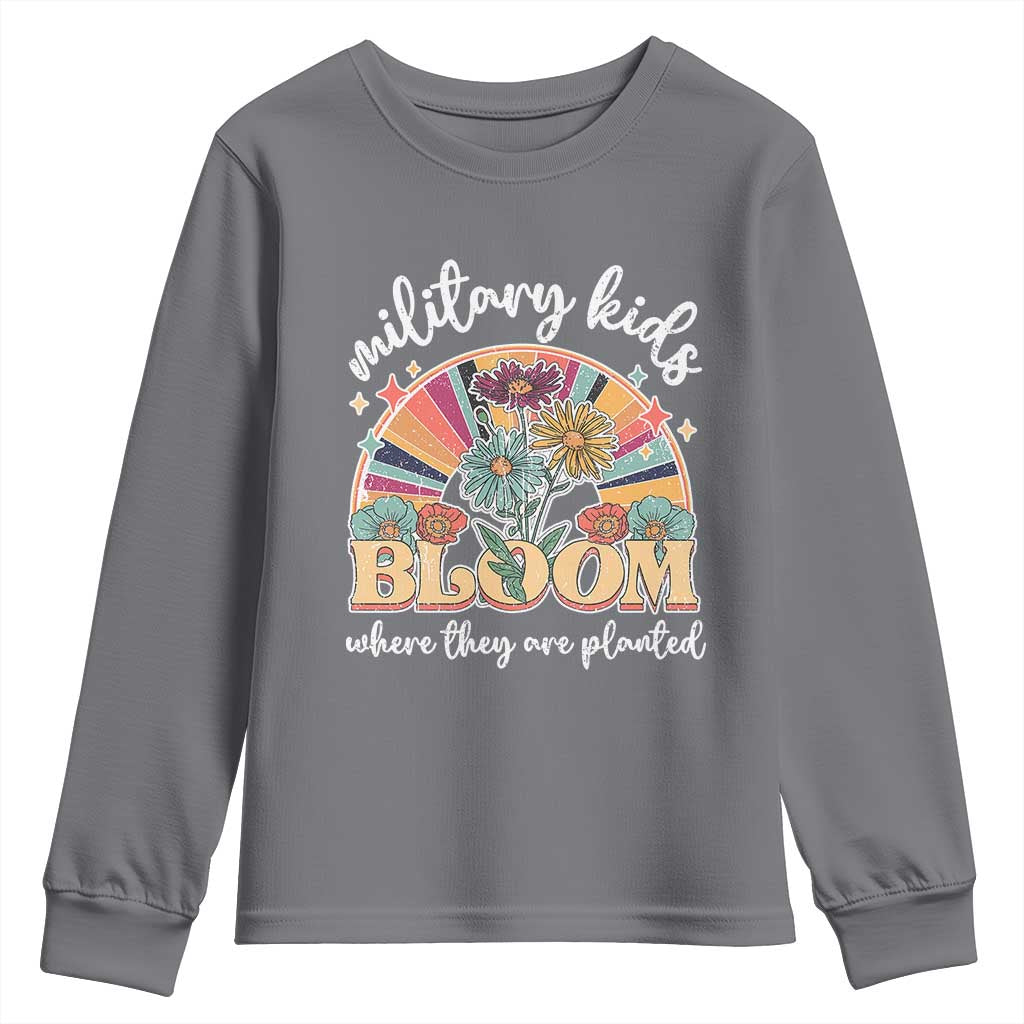 Military Kids Bloom Where They Are Planted Youth Sweatshirt Military Child Month Retro Vintage Flowers