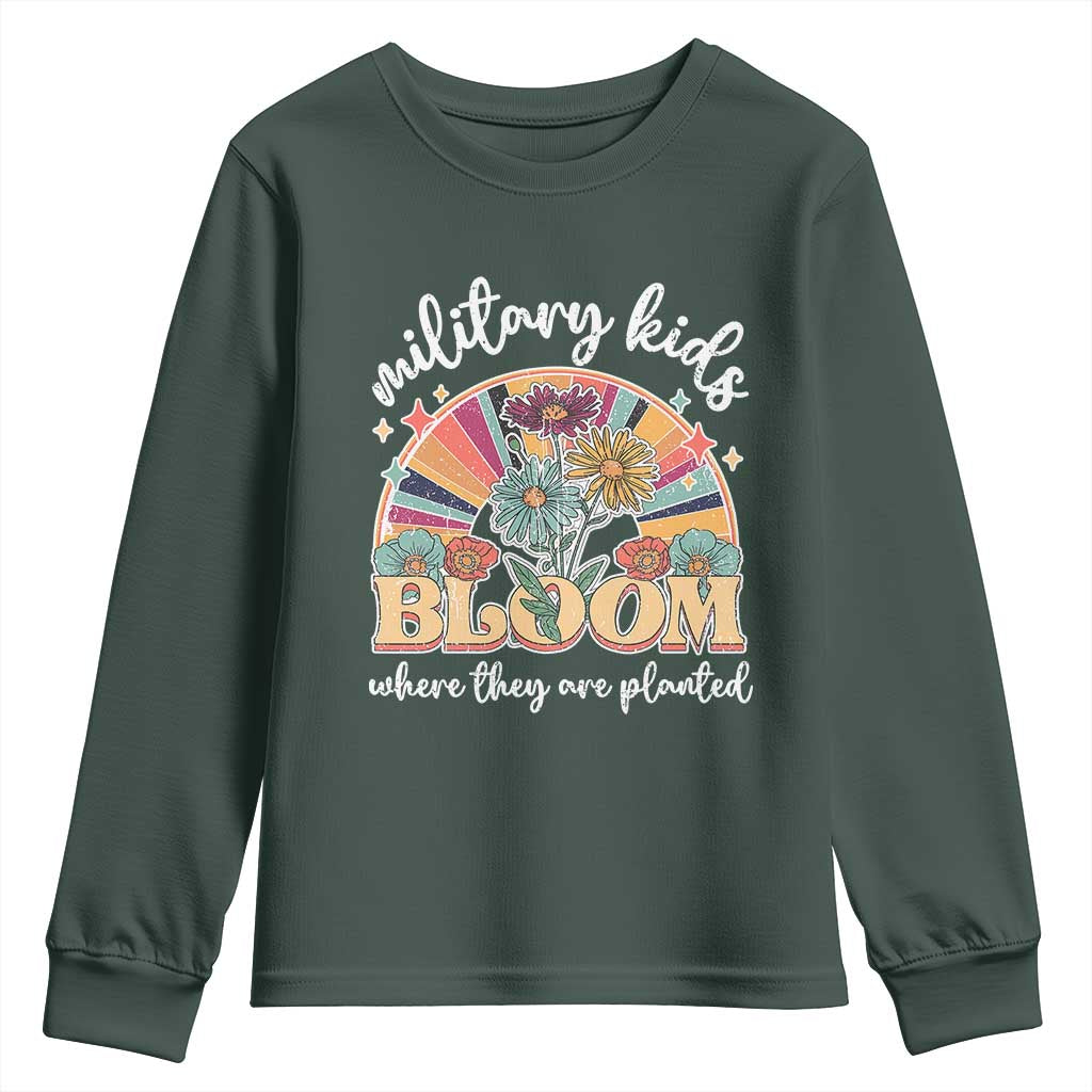 Military Kids Bloom Where They Are Planted Youth Sweatshirt Military Child Month Retro Vintage Flowers