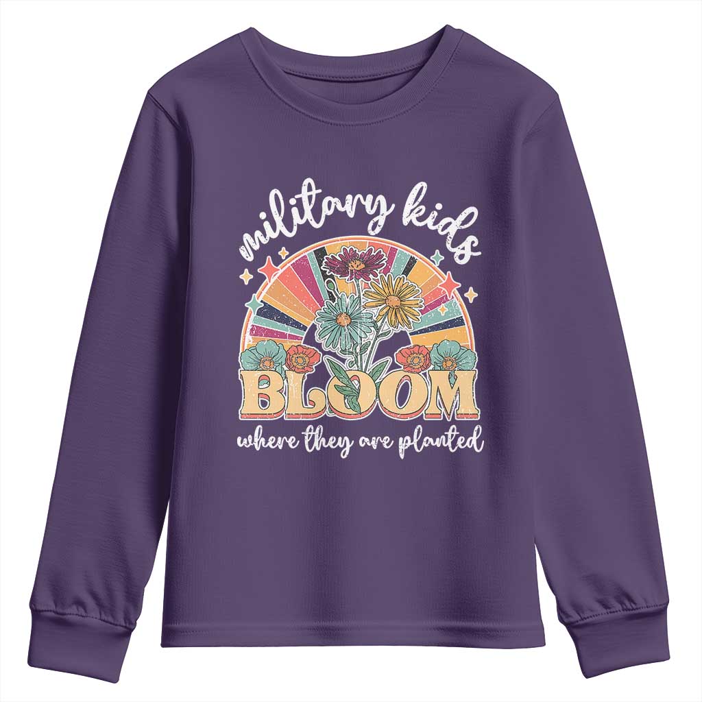 Military Kids Bloom Where They Are Planted Youth Sweatshirt Military Child Month Retro Vintage Flowers