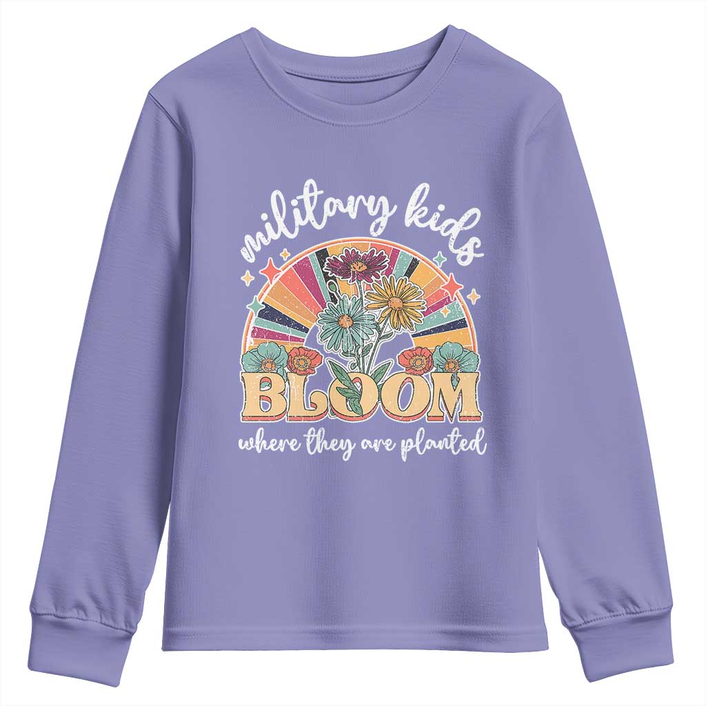 Military Kids Bloom Where They Are Planted Youth Sweatshirt Military Child Month Retro Vintage Flowers