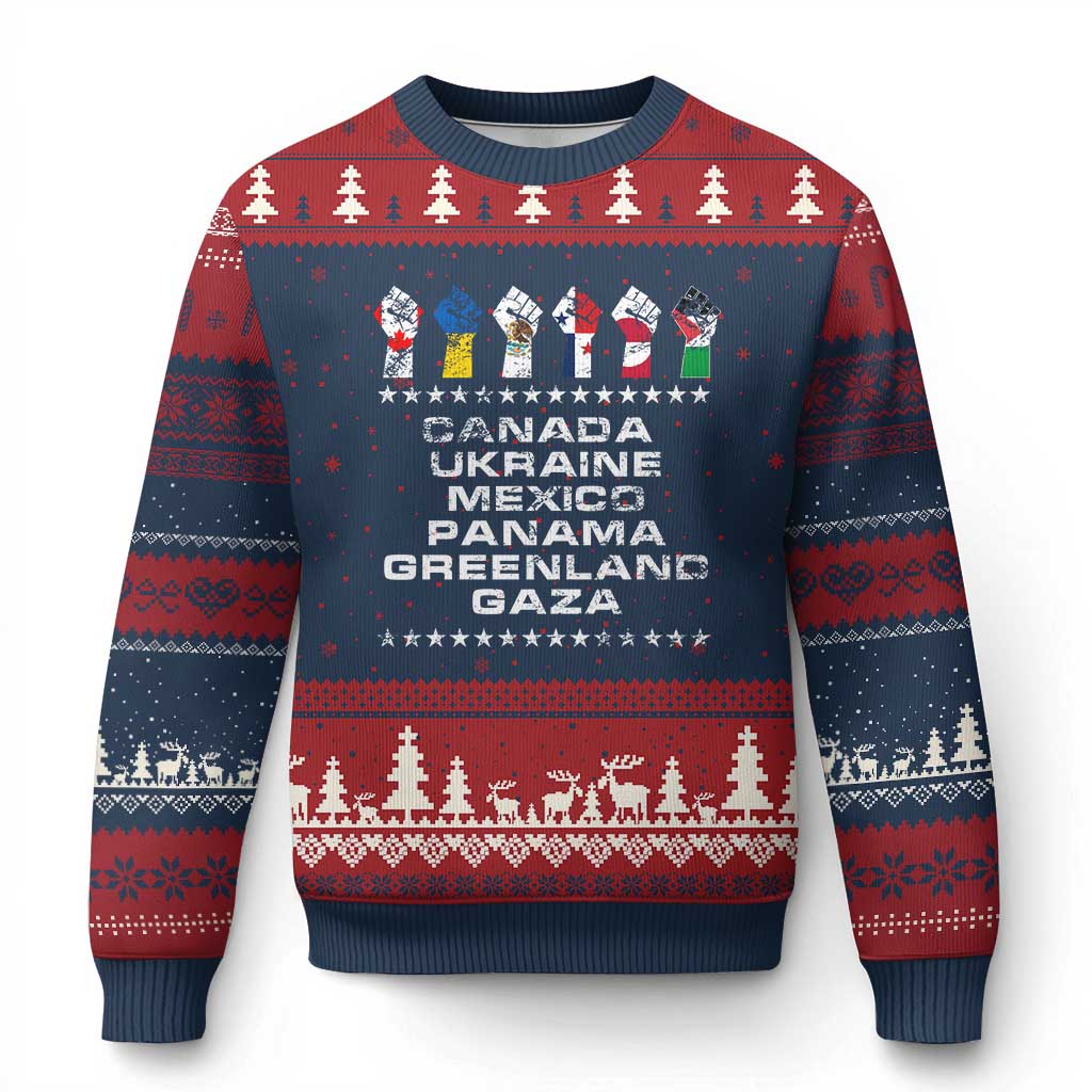 Canada Greenland Mexico Panama Gaza Ukraine Pride Ugly Christmas Sweater Hand Fist - Wonder Print Shop