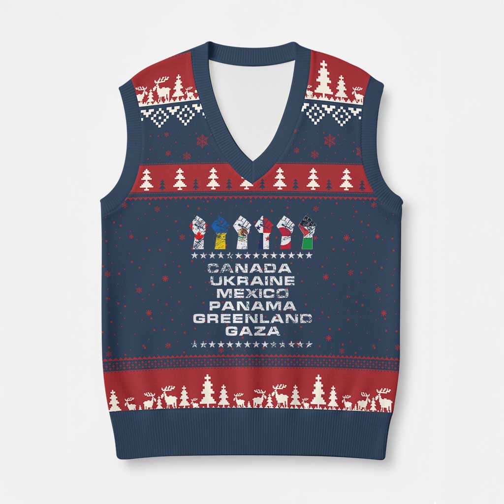 Canada Greenland Mexico Panama Gaza Ukraine Pride V-Neck Knit Sweater Vest Hand Fist - Wonder Print Shop