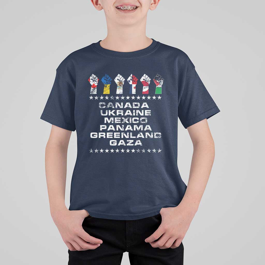 Canada Greenland Mexico Panama Gaza Ukraine Pride T Shirt For Kid Hand Fist
