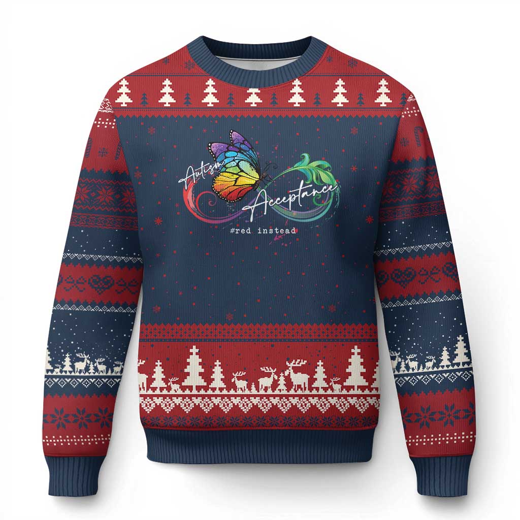 Autism Awareness Acceptance Red Instead Ugly Christmas Sweater Infinity Symbol Rainbow Butterfly Feather
