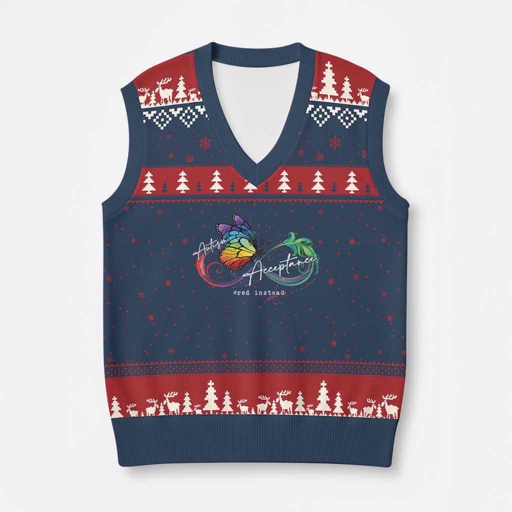 Autism Awareness Acceptance Red Instead V-Neck Knit Sweater Vest Infinity Symbol Rainbow Butterfly Feather