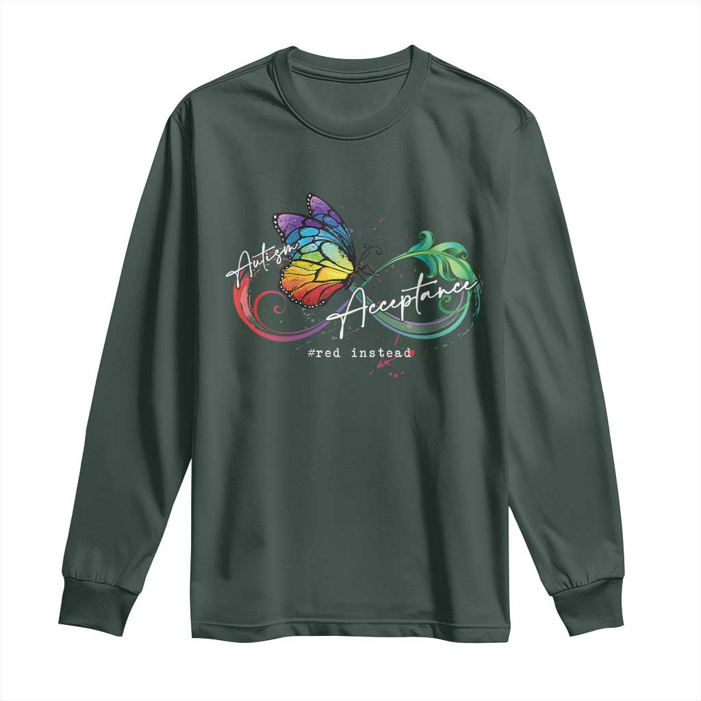 Autism Awareness Acceptance Red Instead Long Sleeve Shirt Infinity Symbol Rainbow Butterfly Feather