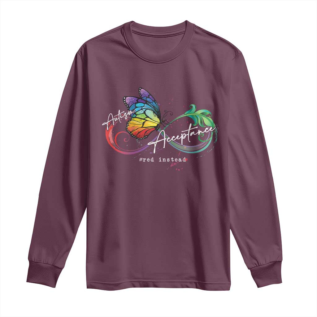 Autism Awareness Acceptance Red Instead Long Sleeve Shirt Infinity Symbol Rainbow Butterfly Feather