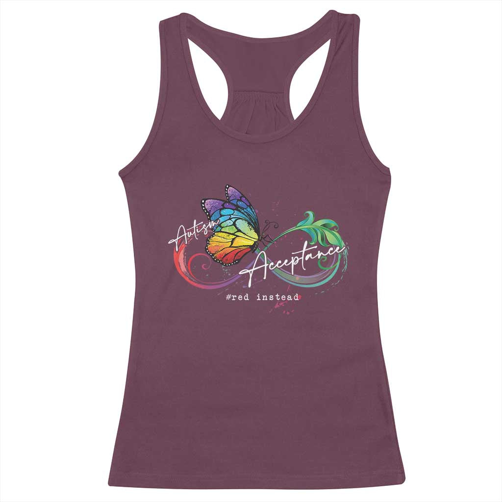 Autism Awareness Acceptance Red Instead Racerback Tank Top Infinity Symbol Rainbow Butterfly Feather