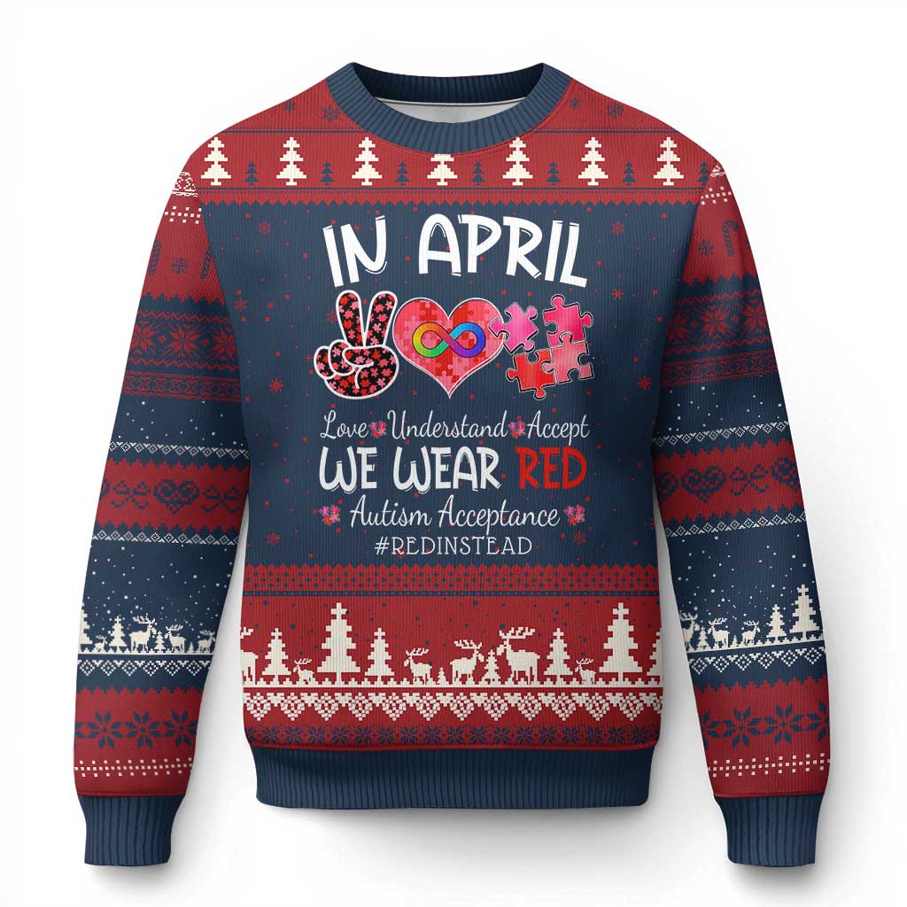Autism Awareness Acceptance Red Instead Ugly Christmas Sweater In April We Wear Red Peace Love Puzzle