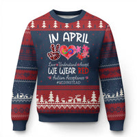 Autism Awareness Acceptance Red Instead Ugly Christmas Sweater In April We Wear Red Peace Love Puzzle