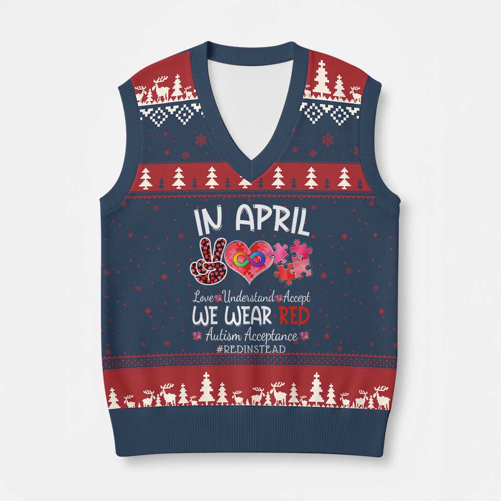 Autism Awareness Acceptance Red Instead V-Neck Knit Sweater Vest In April We Wear Red Peace Love Puzzle
