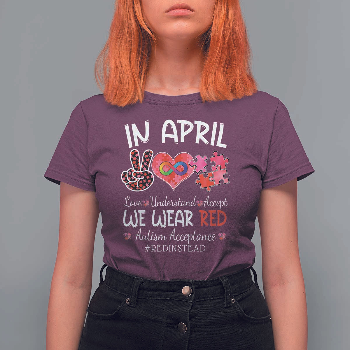 Autism Awareness Acceptance Red Instead T Shirt For Women In April We Wear Red Peace Love Puzzle