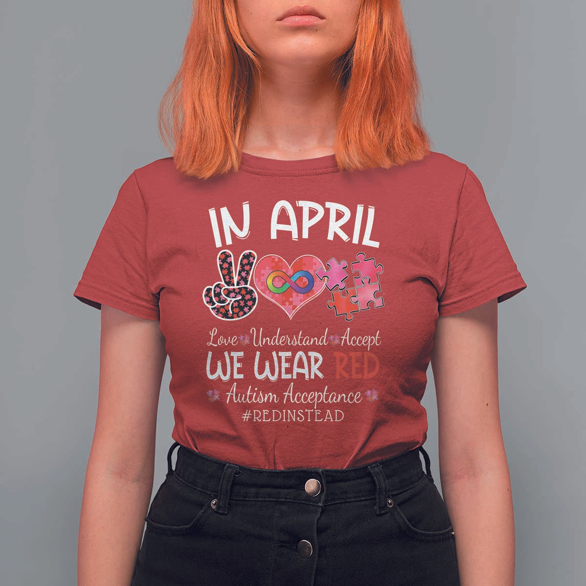 Autism Awareness Acceptance Red Instead T Shirt For Women In April We Wear Red Peace Love Puzzle