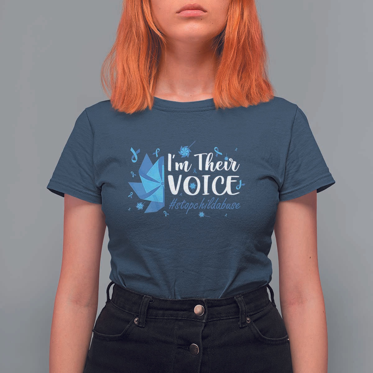 Child Abuse Prevention Awareness I'm Their Voice T Shirt For Women Blue Pinwheels